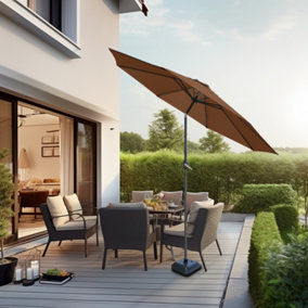 SunDaze Coffee 2.7M Garden Parasol Outdoor Patio Tilting Umbrella Crank Handle with Base