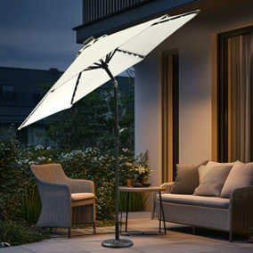 SunDaze Cream 2.5m Round Parasol Tilt Crank Garden Umbrella with LED Solar Lights and Base