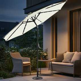 SunDaze Cream 2.7M Outdoor Garden Patio Round Parasol Umbrella Solar LED Lights Crank Tilt with Base
