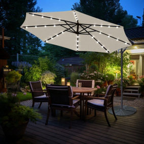 SunDaze Cream 3M Garden Cantilever Banana Parasol Outdoor Hanging Umbrella LED Solar Lights with Base