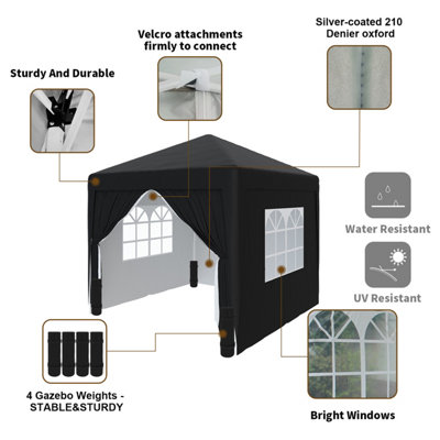 SunDaze Garden Pop Up Gazebo Party Tent Camping Marquee Canopy with 4 Sidewalls Carrying Bag Black 3x3M - 4