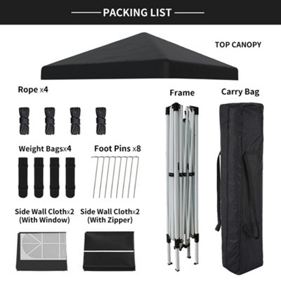 SunDaze Garden Pop Up Gazebo Party Tent Camping Marquee Canopy with 4 Sidewalls Carrying Bag Black 3x3M - 6