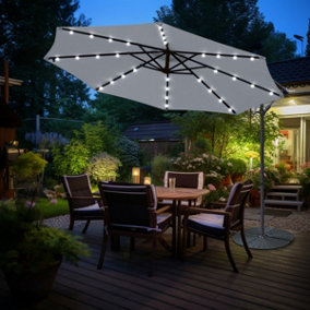 SunDaze Grey 3M Garden Cantilever Banana Parasol Outdoor Hanging Umbrella LED Solar Lights with Base