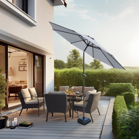 SunDaze Grey 3M Garden Parasol Outdoor Patio Tilting Round Umbrella Crank Handle with Base