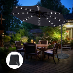 SunDaze LED 3M Black Garden Patio Cantilever Banana Hanging Umbrella, Parasol Base & Weather Protective Cover