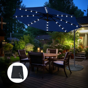 SunDaze LED 3M Blue Garden Patio Cantilever Banana Hanging Umbrella, Parasol Base & Weather Protective Cover