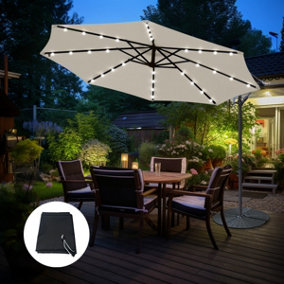 SunDaze LED 3M Cream Garden Patio Cantilever Banana Hanging Umbrella, Parasol Base & Weather Protective Cover