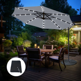 SunDaze LED 3M Grey Garden Patio Cantilever Banana Hanging Umbrella, Parasol Base & Weather Protective Cover