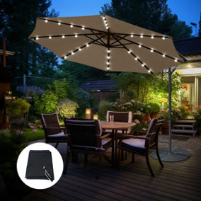 SunDaze LED 3M Taupe Garden Patio Cantilever Banana Hanging Umbrella, Parasol Base & Weather Protective Cover