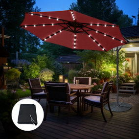 SunDaze LED 3M Wine Red Garden Patio Cantilever Banana Hanging Umbrella, Parasol Base & Weather Protective Cover
