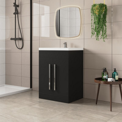 SunDaze Matt Black Bathroom Furniture 600mm Vanity Unit Sink Basin Storage Cabinet Floor Standing
