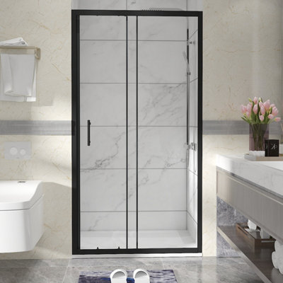 SunDaze Matt Black Shower Enclosure Sliding Door (W)1100mm with White 1100x800mm Shower Tray