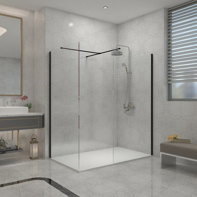 SunDaze Matte Black 8mm Walk In Shower Enclosure Wet Room Glass Screen 800mm & 800mm Panels with 1200x800mm White Shower Tray