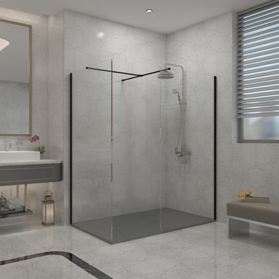 SunDaze Matte Black 8mm Walk In Shower Enclosure Wet Room Glass Screen 900mm & 760mm with 1300x800mm Anthracite Shower Tray