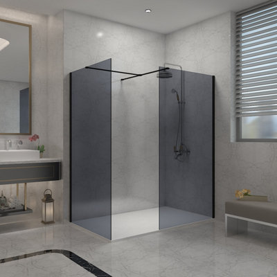 SunDaze Matte Black 8mm Walk In Shower Enclosure Wet Room Grey Glass Screen 760mm & 760mm with 1200x800mm White Shower Tray