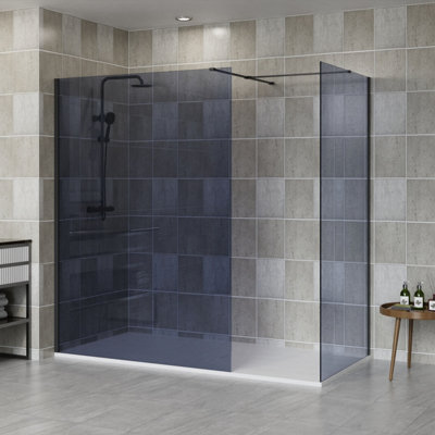 SunDaze Matte Black 8mm Walk In Shower Enclosure Wet Room Grey Glass Screen Pack 1400mm and 800mm Panels