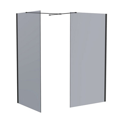 SunDaze Matte Black 8mm Walk In Shower Enclosure Wet Room Grey Glass Screen Pack 700mm and 700mm Panels
