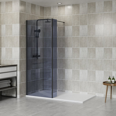 SunDaze Matte Black Walk In Shower Enclosure Wet Room 700mm Grey Glass Screen with 215mm Return Panel