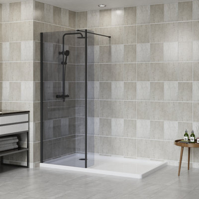 SunDaze Matte Black Walk In Shower Enclosure Wet Room 700mm Grey Glass Screen with 300mm Return Panel