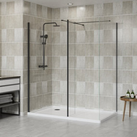 SunDaze Matte Black Walk In Shower Enclosure Wet Room Glass Screen 1100mm & 700mm with 215mm Return Panel