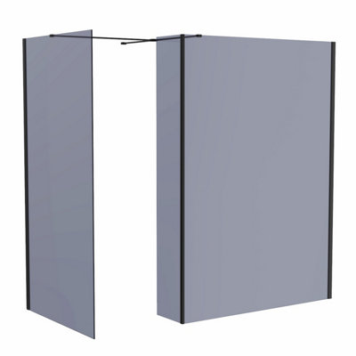 SunDaze Matte Black Walk In Shower Enclosure Wet Room Grey Glass Screen 1400mm & 700mm with 300mm Return Panel