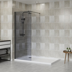 SunDaze Matte Black Walk In Shower Enclosure Wet Room Grey Glass Screen Panel 8mm - 760x1950mm