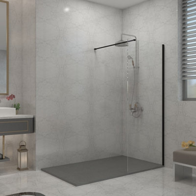 SunDaze Matte Black Walk In Shower Enclosure Wet Room (W)900x(H)1950mm Glass Screen with 1400x800mm Anthracite Shower Tray