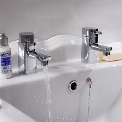 SunDaze Modern Square Bathroom Chrome Twin Hot and Cold Sink Basin Taps Brass Pair