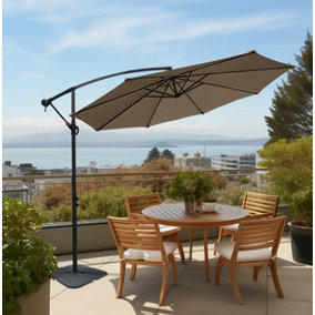 SunDaze Taupe 3M Banana Parasol Sun Shade Patio Garden Hanging Umbrella Cantilever with Base Weights