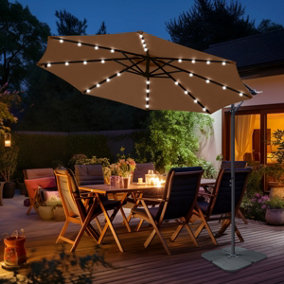 SunDaze Taupe 3M LED Banana Parasol Patio Sun Shade Outdoor Garden Hanging Umbrella Cantilever with Base