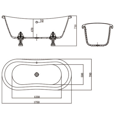 SunDaze Traditional 1750 x 780mm Luxury Curved Shower Bath with Aluminum Feet
