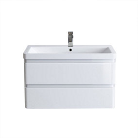 SunDaze Wall Hung 2 Drawer Vanity Unit Basin Bathroom Storage Furniture 800mm Gloss White