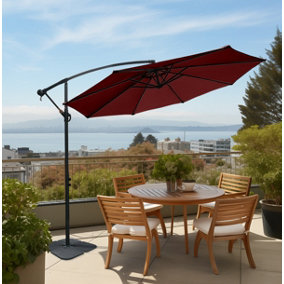 SunDaze Wine Red 3M Banana Parasol Sun Shade Patio Garden Hanging Umbrella Cantilever with Base Weights