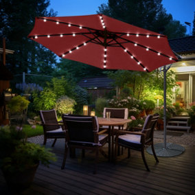 SunDaze Wine Red 3M Garden Cantilever Banana Parasol Outdoor Hanging Umbrella LED Solar Lights with Base