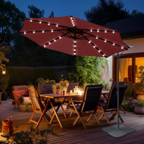 SunDaze Wine Red 3M LED Banana Parasol Patio Sun Shade Outdoor Garden Hanging Umbrella Cantilever with Base