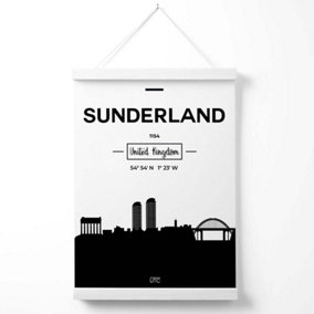 Sunderland Black and White City Skyline Poster with Hanger / 33cm / White