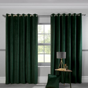 Sundour Abington Thermally Lined Velvet Eyelet Curtains Bottle Green 66x90"