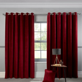 Sundour Abington Thermally Lined Velvet Eyelet Curtains Rosso Red 66x90"