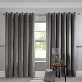Sundour Abington Thermally Lined Velvet Eyelet Curtains Slate Grey 66x72"