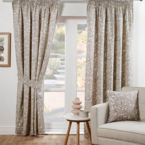 Sundour Aviary Light Filtering Fully Lined Ready Made Curtain Pair Pencil Pleat Curtains Beige 46x72"
