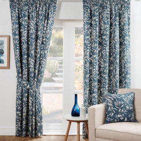 Sundour Aviary Light Filtering Fully Lined Ready Made Curtain Pair Pencil Pleat Curtains Blue 46x54"