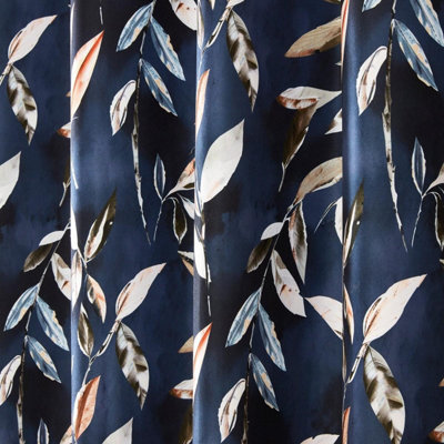 Sundour Madrid Blackout Ready Made Leaves Eyelet Curtains Navy 66x54"