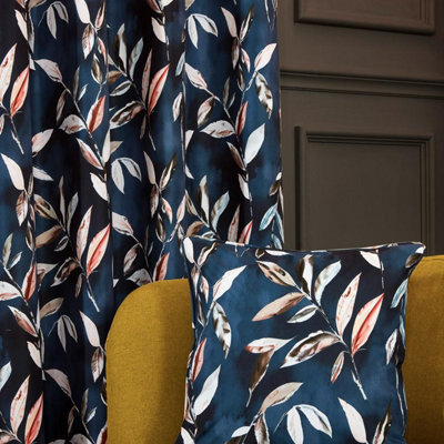 Sundour Madrid Blackout Ready Made Leaves Eyelet Curtains Navy 66x54"