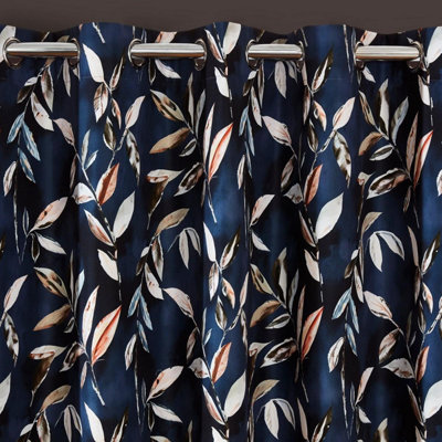 Sundour Madrid Blackout Ready Made Leaves Eyelet Curtains Navy 66x90"