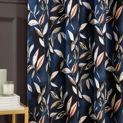 Sundour Madrid Blackout Ready Made Leaves Eyelet Curtains Navy 66x90"