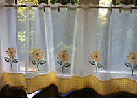 Sunflower Floral Checked Kitchen Voile Curtain Café Panels