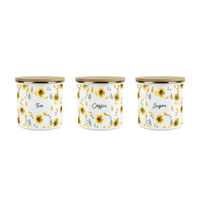 Sunflowers Floral Storage Canister Set - White Metal Tea Coffee Sugar ...