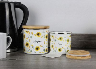 Sunflowers Herbal Tea Storage Canister - White Floral Metal Enamel ...