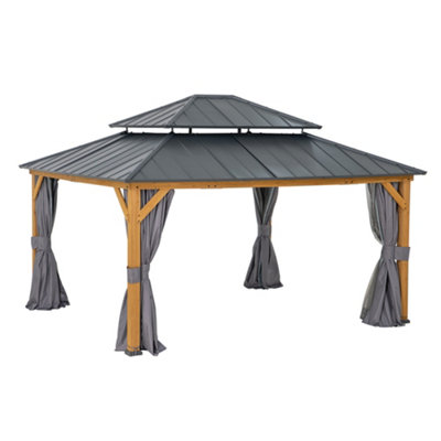 Sunjoy FSC Cedar Wood Gazebo Trivor 450cm x 390cm W/ Netting & Curtain ...