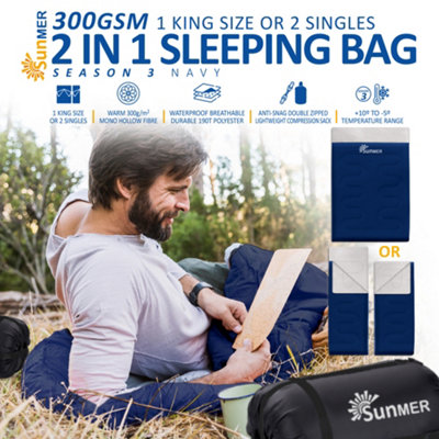 SUNMER Double Sleeping Bag - Slip into 2 Single - 4 Season 300 gsm - Navy